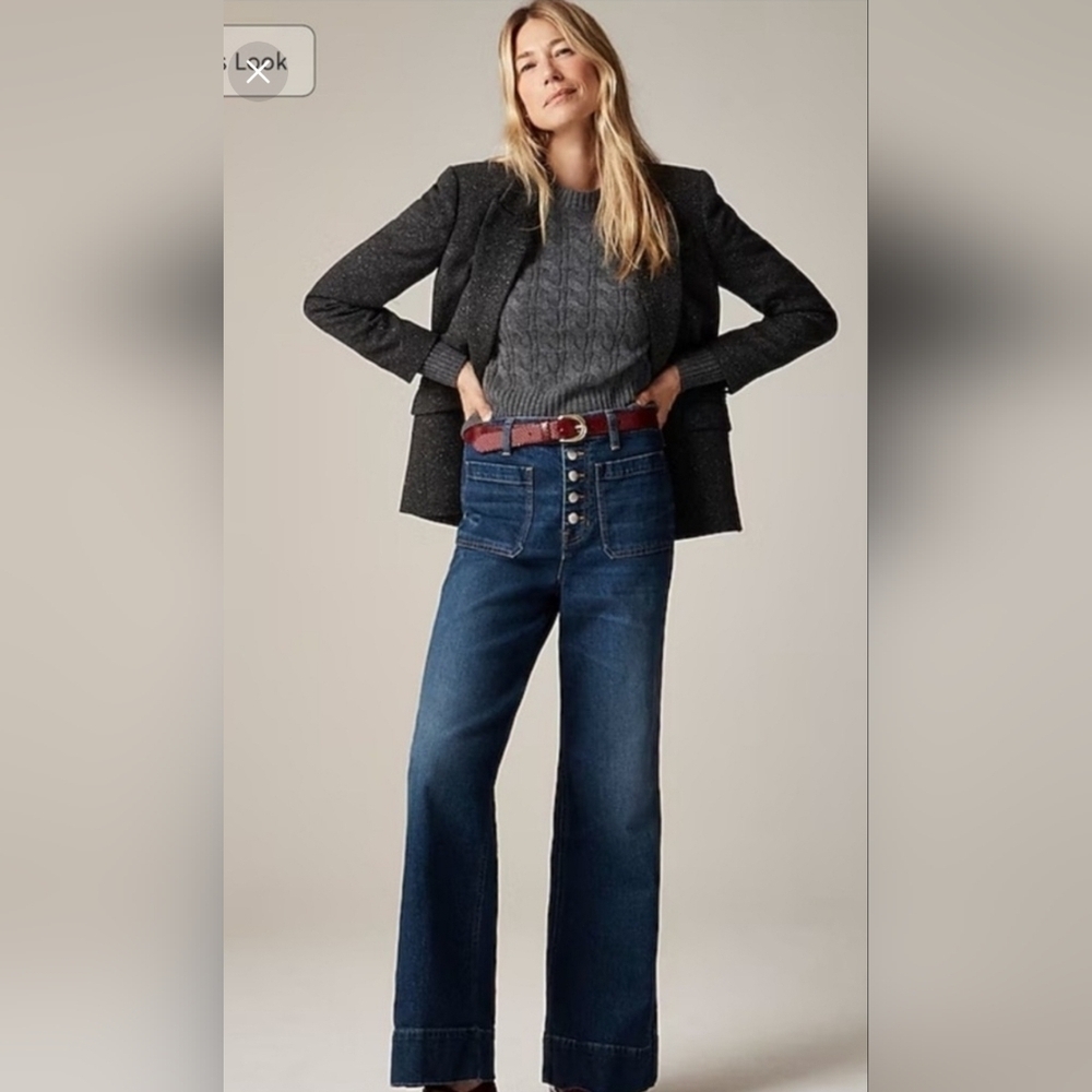 J.Crew High-Rise 96 Denim Trouser Jeans Button-Fly Wide Leg Dark Wash Size 35